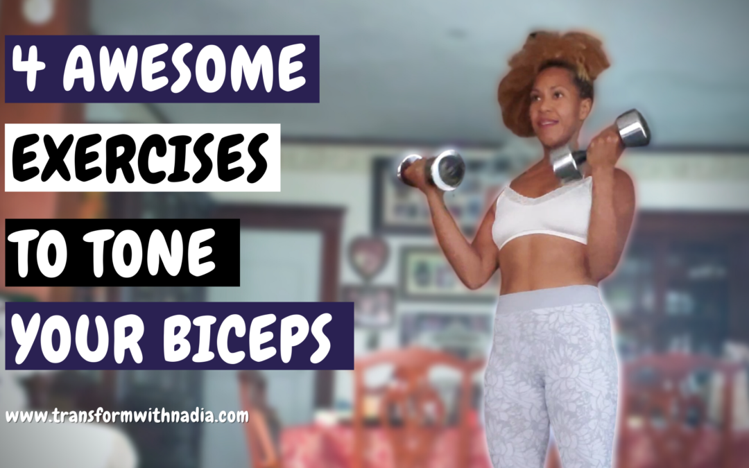 Woman holding a set of dumbbells with text "4 Awesome Exercises to Work Biceps"