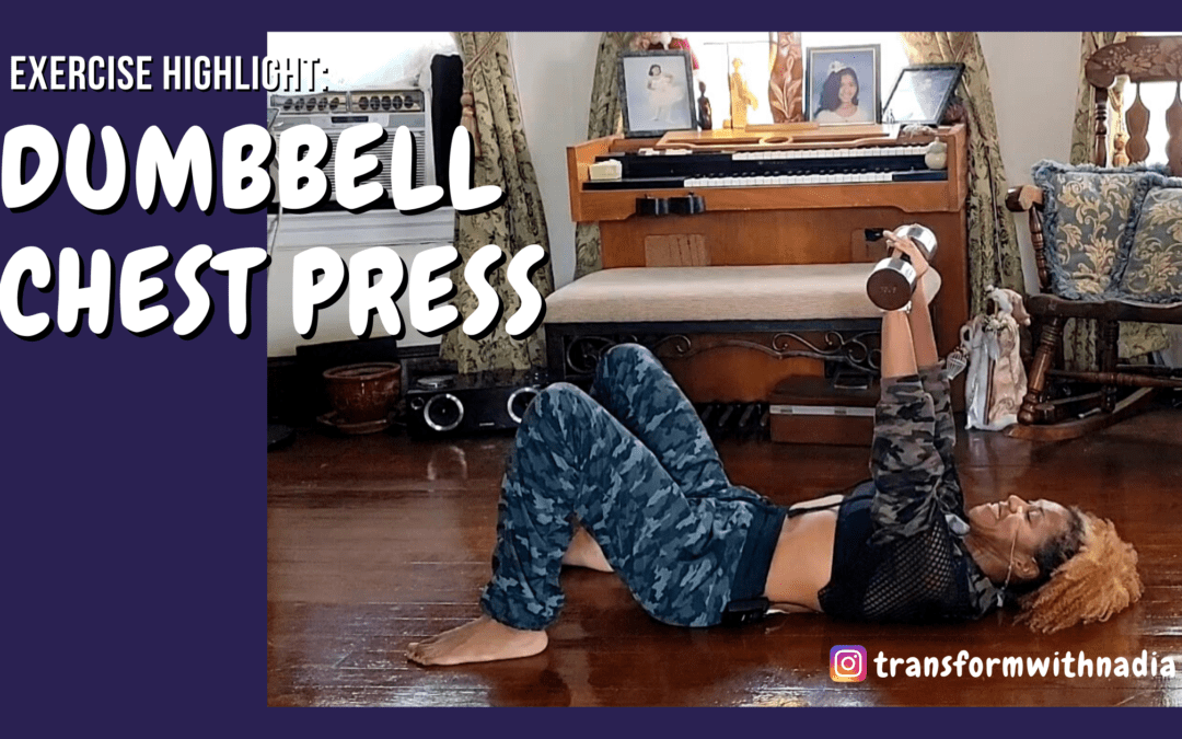 Depicts coach Nadia performing a dumbbell chest press with the text "Exercise highlight: dumbbell chest press."